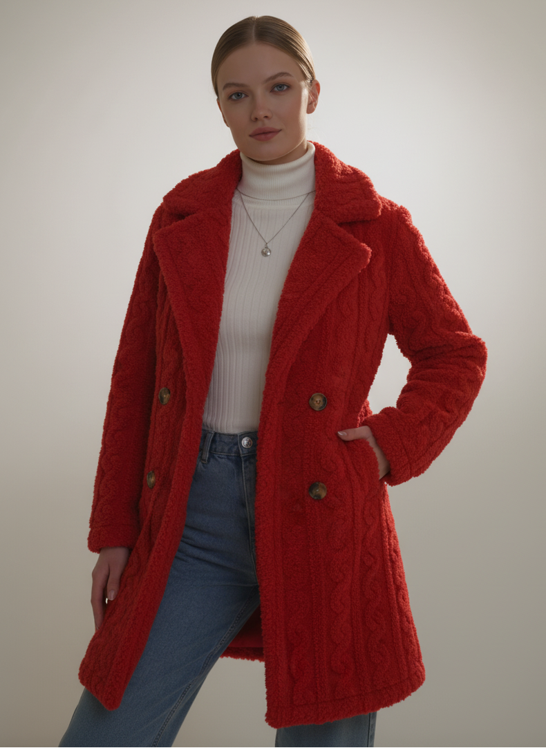 Woman wearing a red coat with a plain background