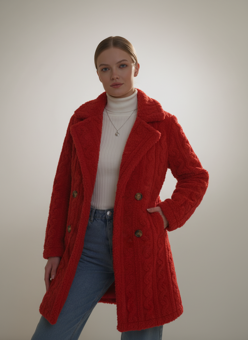 Woman wearing a red coat with a plain background