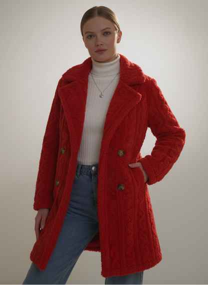 Woman wearing a red coat with a plain background