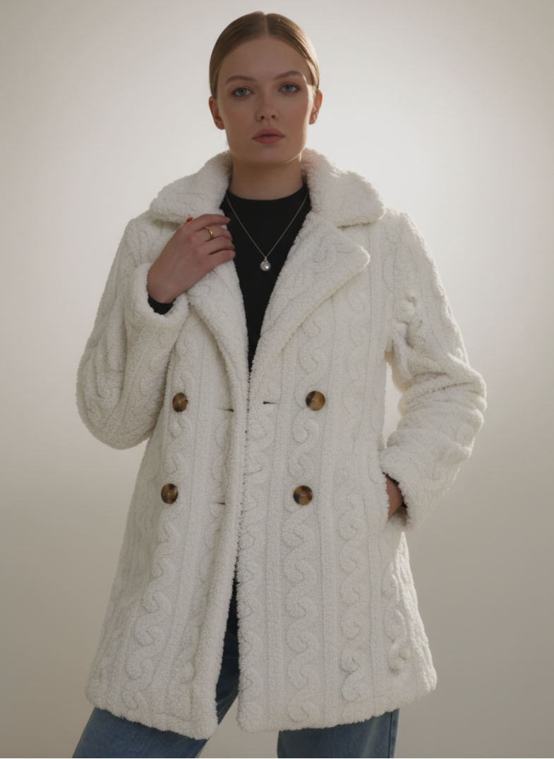 Woman wearing a white cable knit coat with button details on a plain background