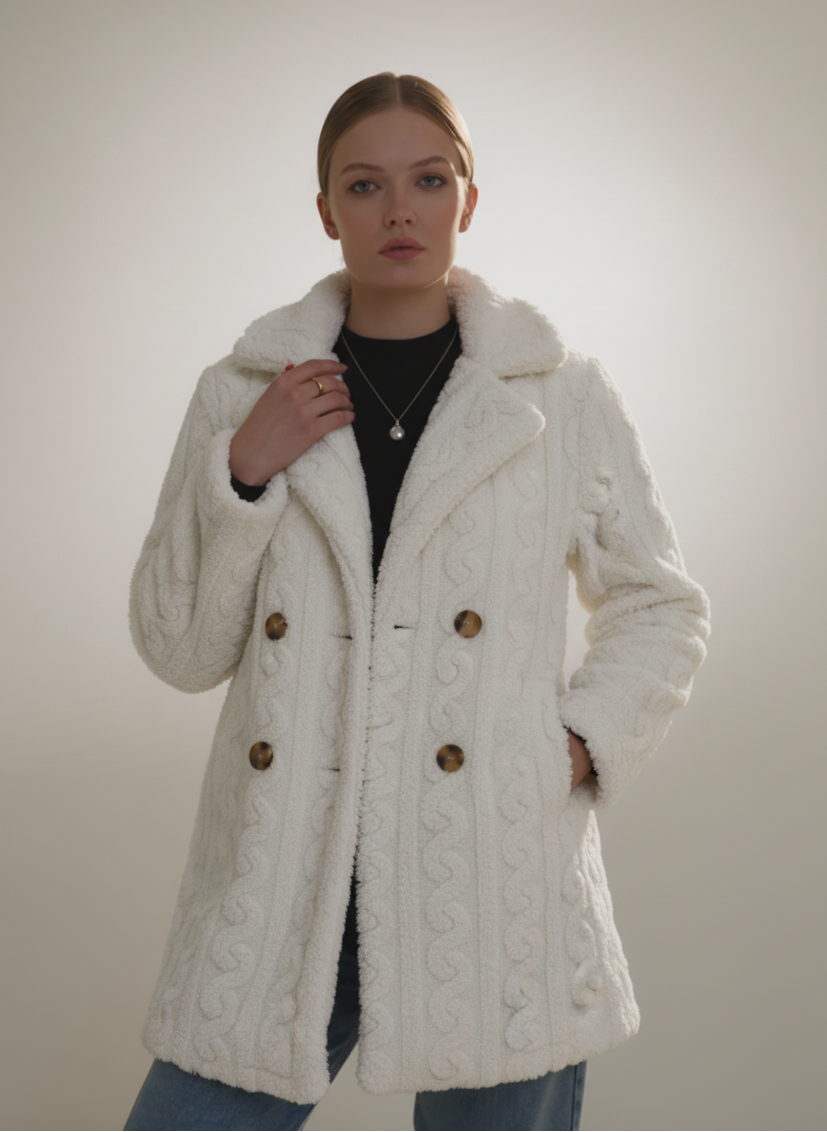Woman wearing a white cable knit coat with button details on a plain background