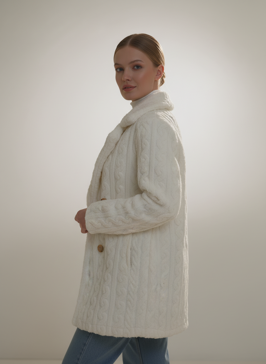 Woman wearing a cream-colored cable knit coat against a plain background