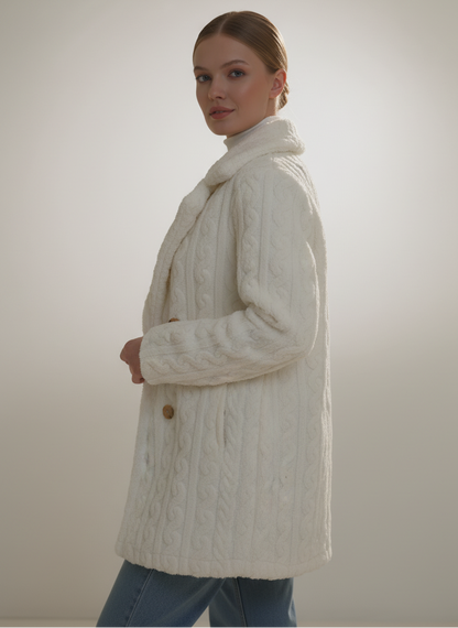 Woman wearing a cream-colored cable knit coat against a plain background