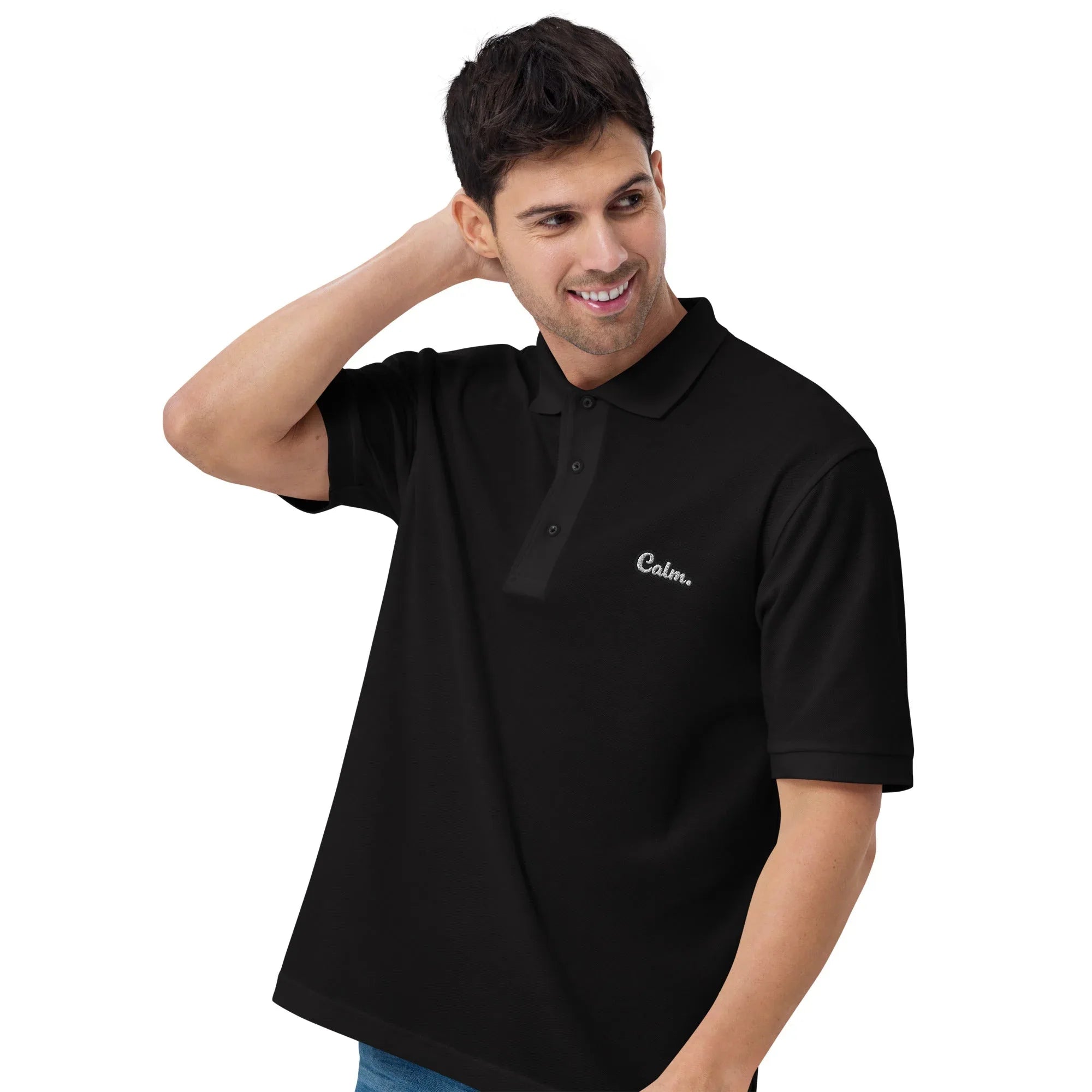 Calm - Embroidered Men's Premium Polo Shirt t-shirt AwRans Clothing premium-polo-shirt-black-left-front-666f51ccb8e95
