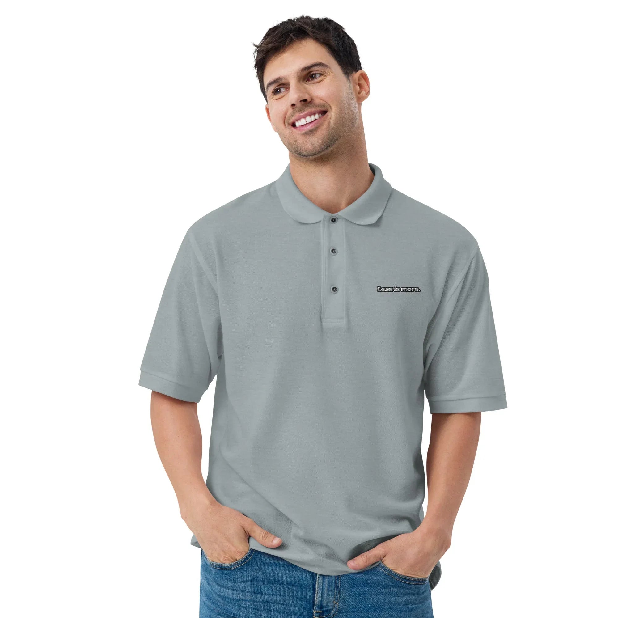 Less Is More - Embroidered Men's Premium Polo Shirt - AwRans Clothing