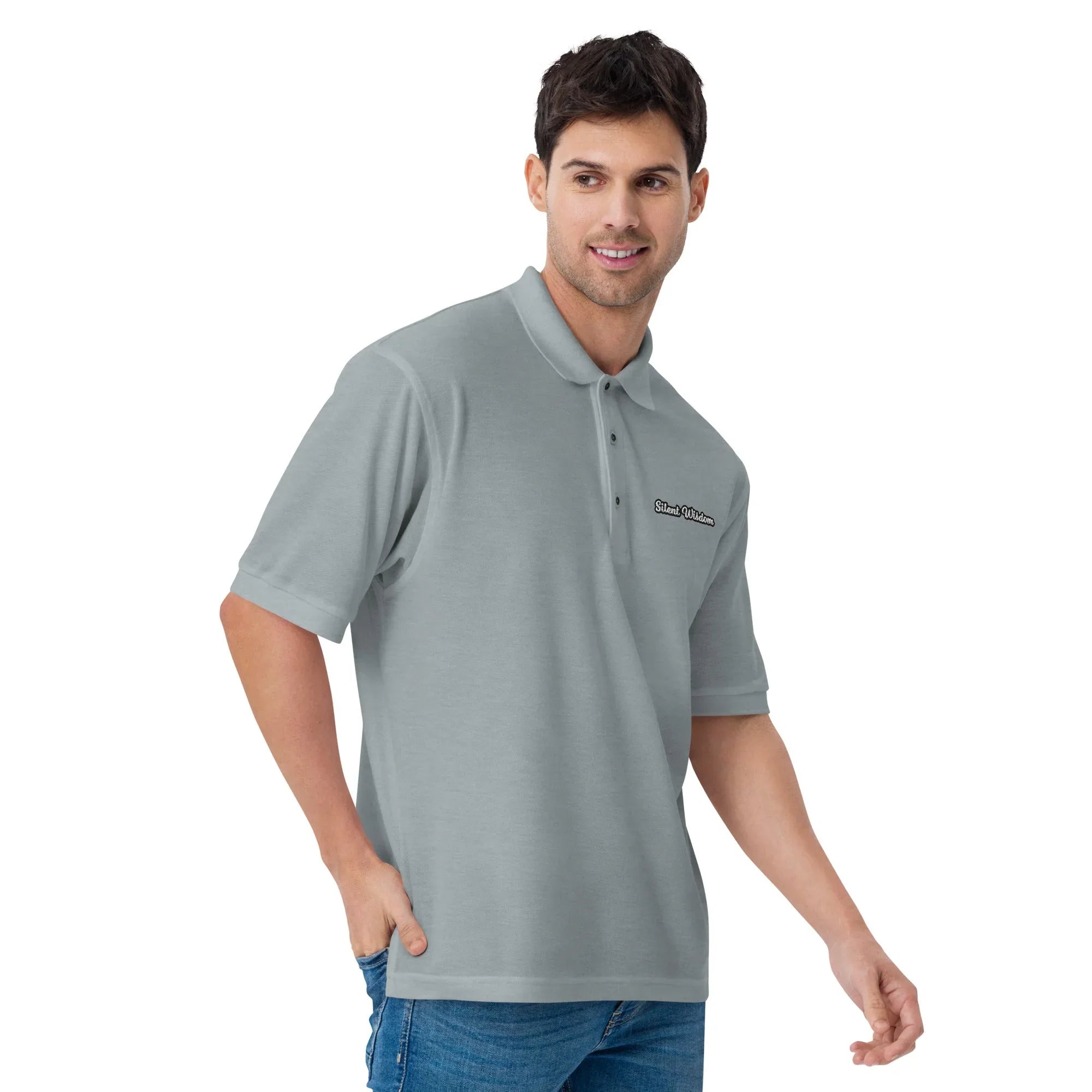 Silent Wisdom - Embroidered Men's Premium Polo Shirt t-shirt AwRans Clothing premium-polo-shirt-cool-heather-right-front-6670367ce6150