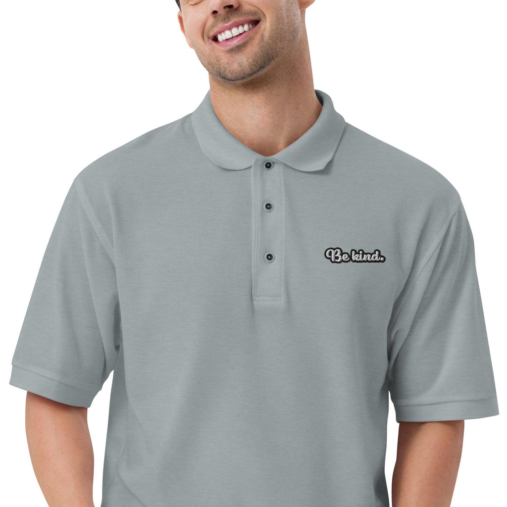 Be Kind - Embroidered Men's Premium Polo Shirt t-shirt AwRans Clothing premium-polo-shirt-cool-heather-zoomed-in-6670364e32aa7