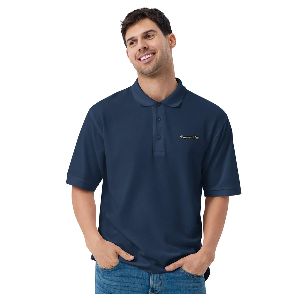 Tranquility - Embroidered Men's Premium Polo Shirt t-shirt AwRans Clothing premium-polo-shirt-navy-front-666f75fec5059