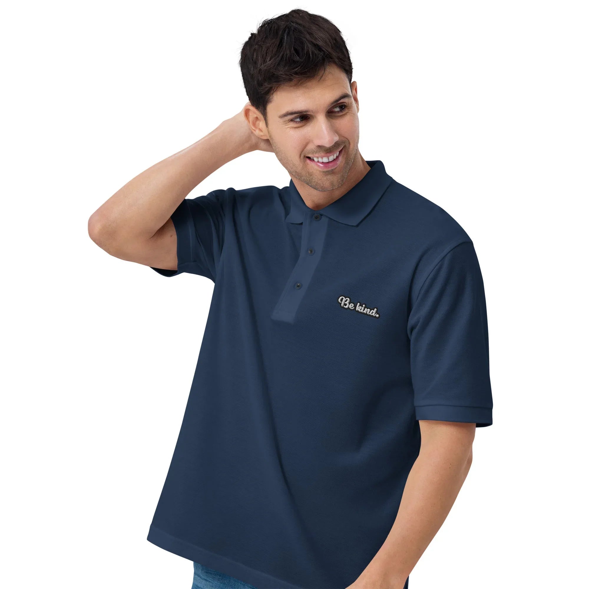 Be Kind - Embroidered Men's Premium Polo Shirt t-shirt AwRans Clothing premium-polo-shirt-navy-left-front-6670364e30c19