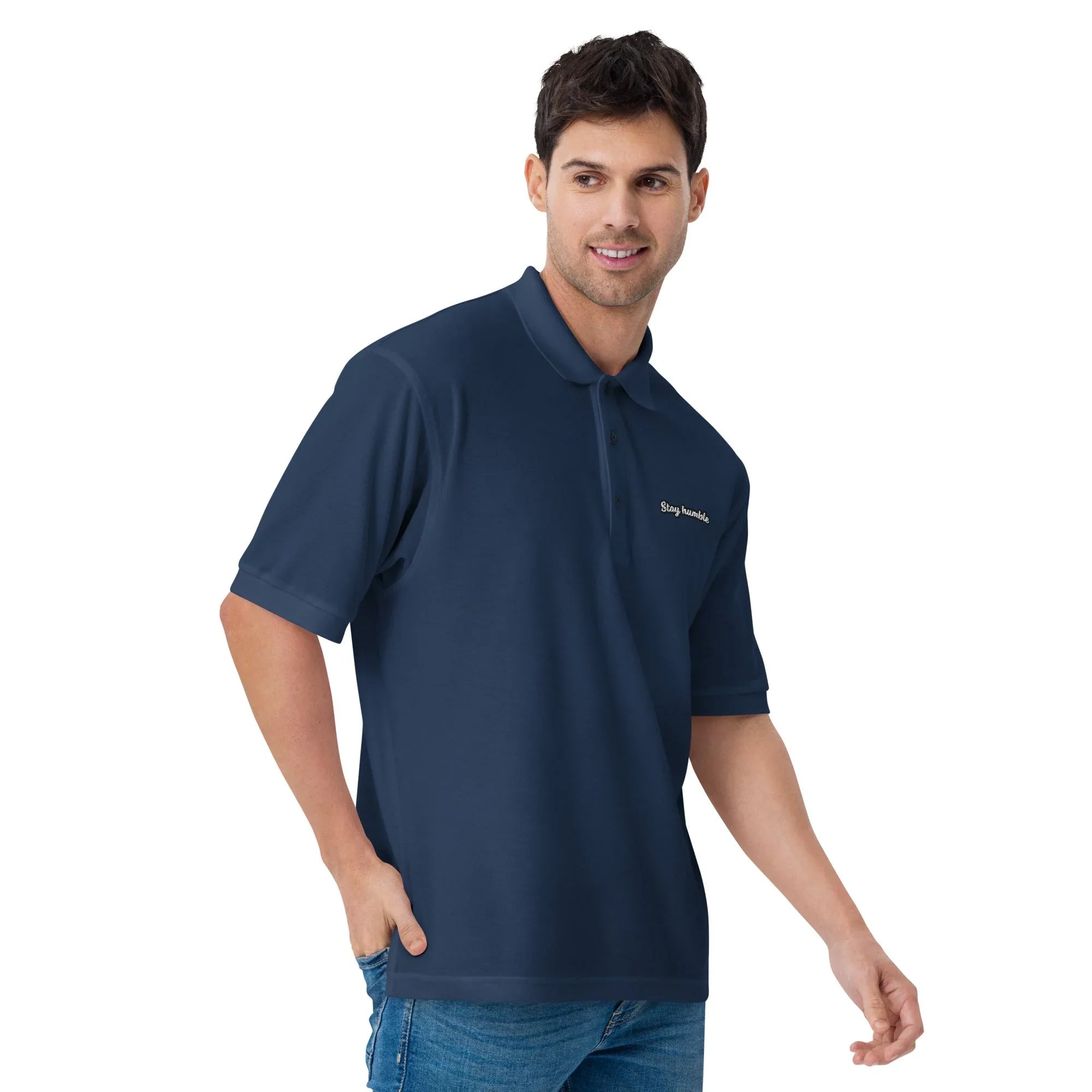 Stay Sumble - Embroidered Men's Premium Polo Shirt t-shirt AwRans Clothing premium-polo-shirt-navy-right-front-666ea4c11c442