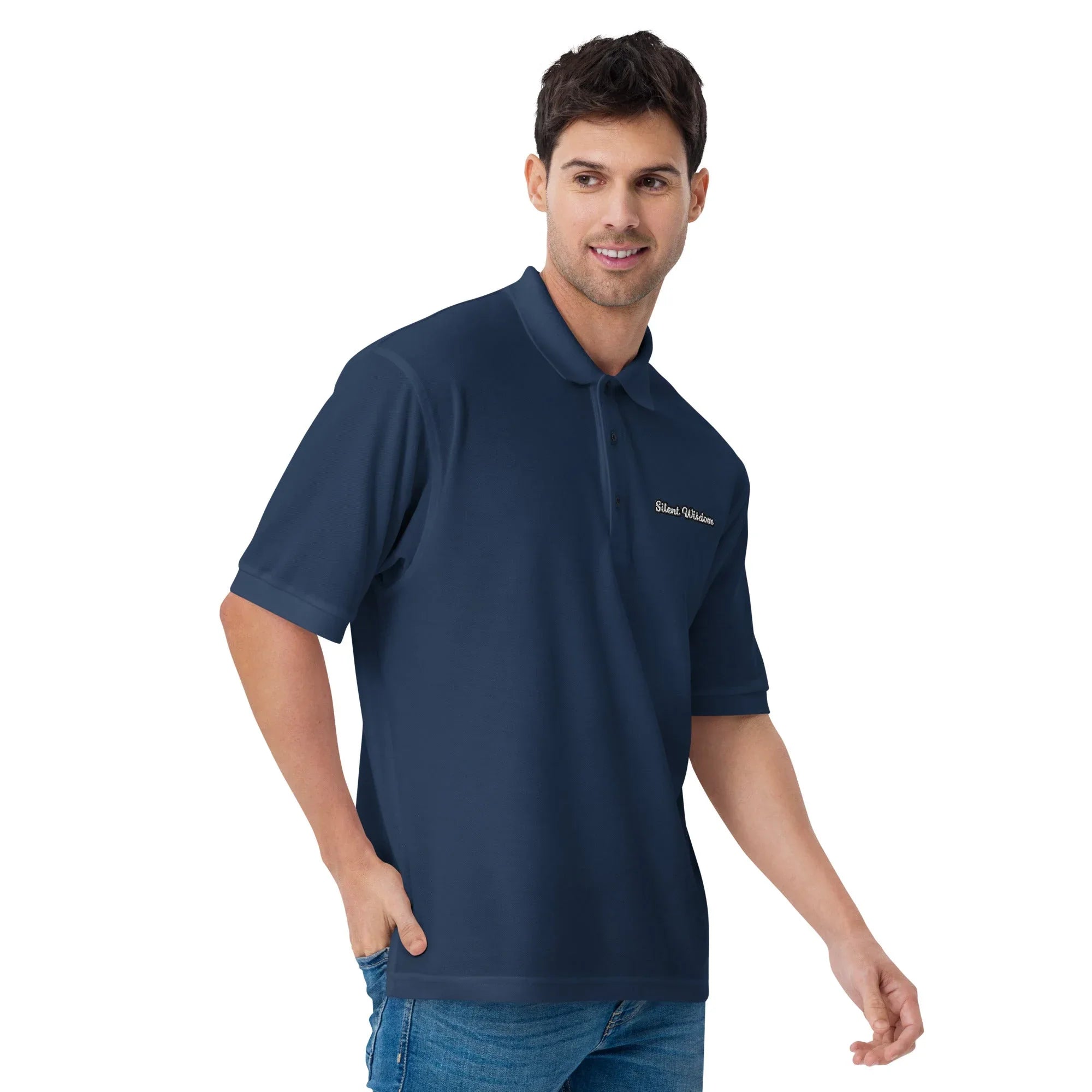 Silent Wisdom - Embroidered Men's Premium Polo Shirt t-shirt AwRans Clothing premium-polo-shirt-navy-right-front-6670367ce3e6a