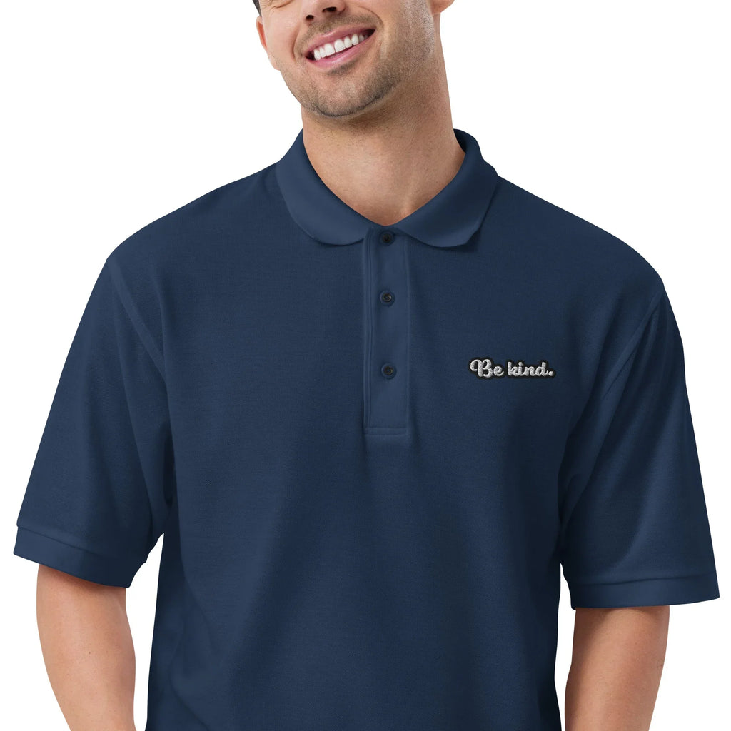 Be Kind - Embroidered Men's Premium Polo Shirt t-shirt AwRans Clothing premium-polo-shirt-navy-zoomed-in-6670364e30777