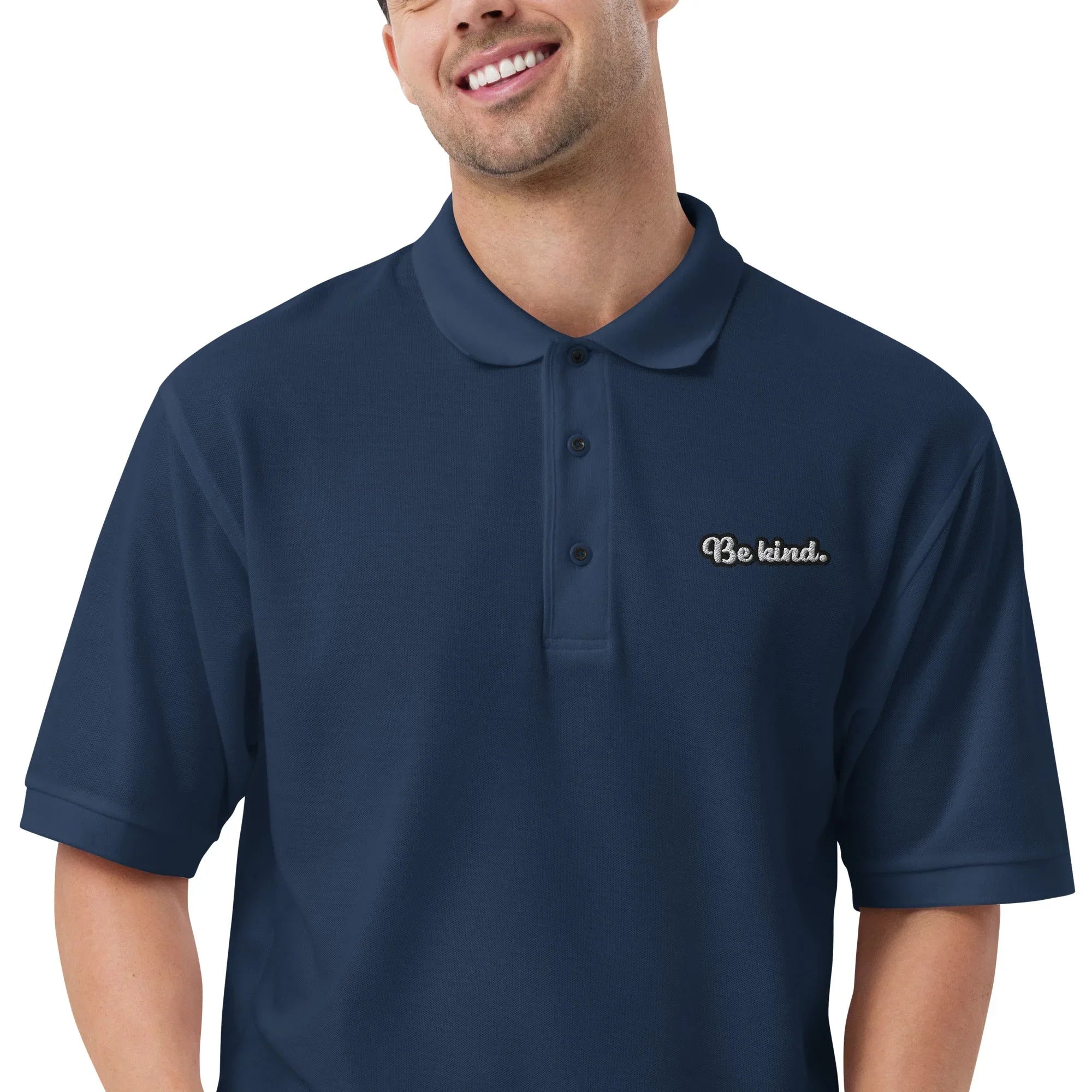 Be Kind - Embroidered Men's Premium Polo Shirt t-shirt AwRans Clothing premium-polo-shirt-navy-zoomed-in-6670364e30777