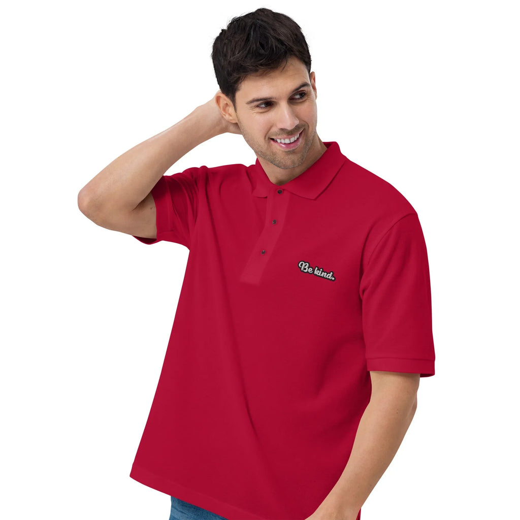 Be Kind - Embroidered Men's Premium Polo Shirt t-shirt AwRans Clothing premium-polo-shirt-red-left-front-6670364e30364