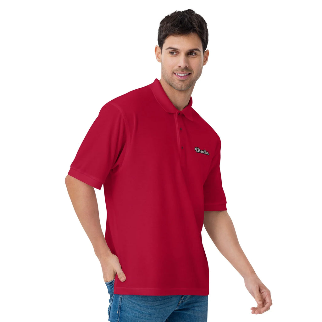 Breathe - Embroidered Men's Premium Polo Shirt t-shirt AwRans Clothing premium-polo-shirt-red-right-front-666f4f8be9d1f