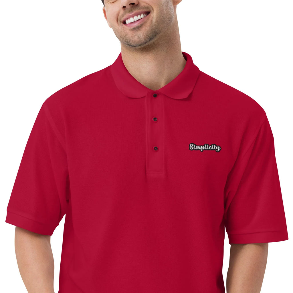 Simplicity - Embroidered Men's Premium Polo Shirt t-shirt AwRans Clothing premium-polo-shirt-red-zoomed-in-666f4b8e7627f