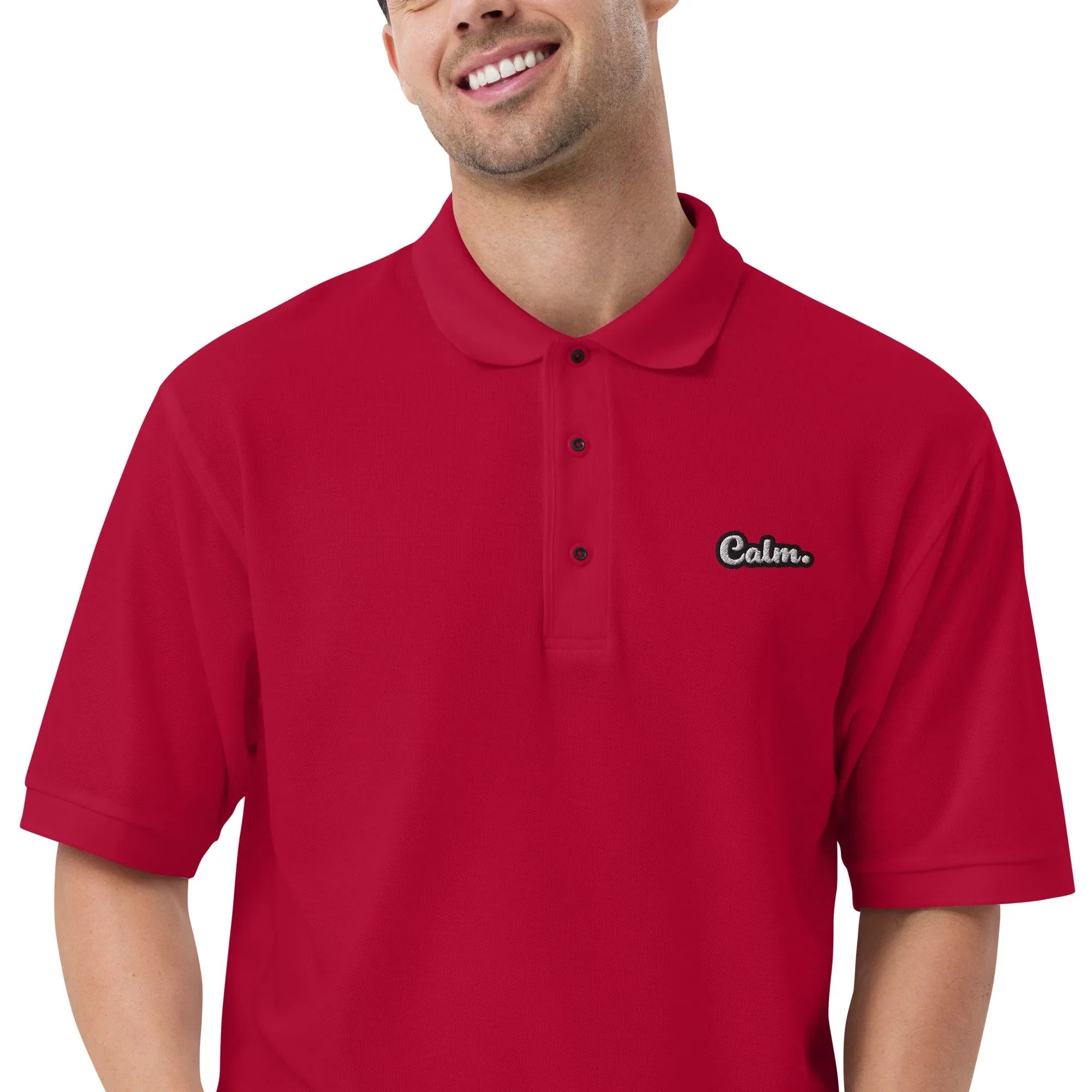 Calm - Embroidered Men's Premium Polo Shirt t-shirt AwRans Clothing premium-polo-shirt-red-zoomed-in-666f51ccb92ba