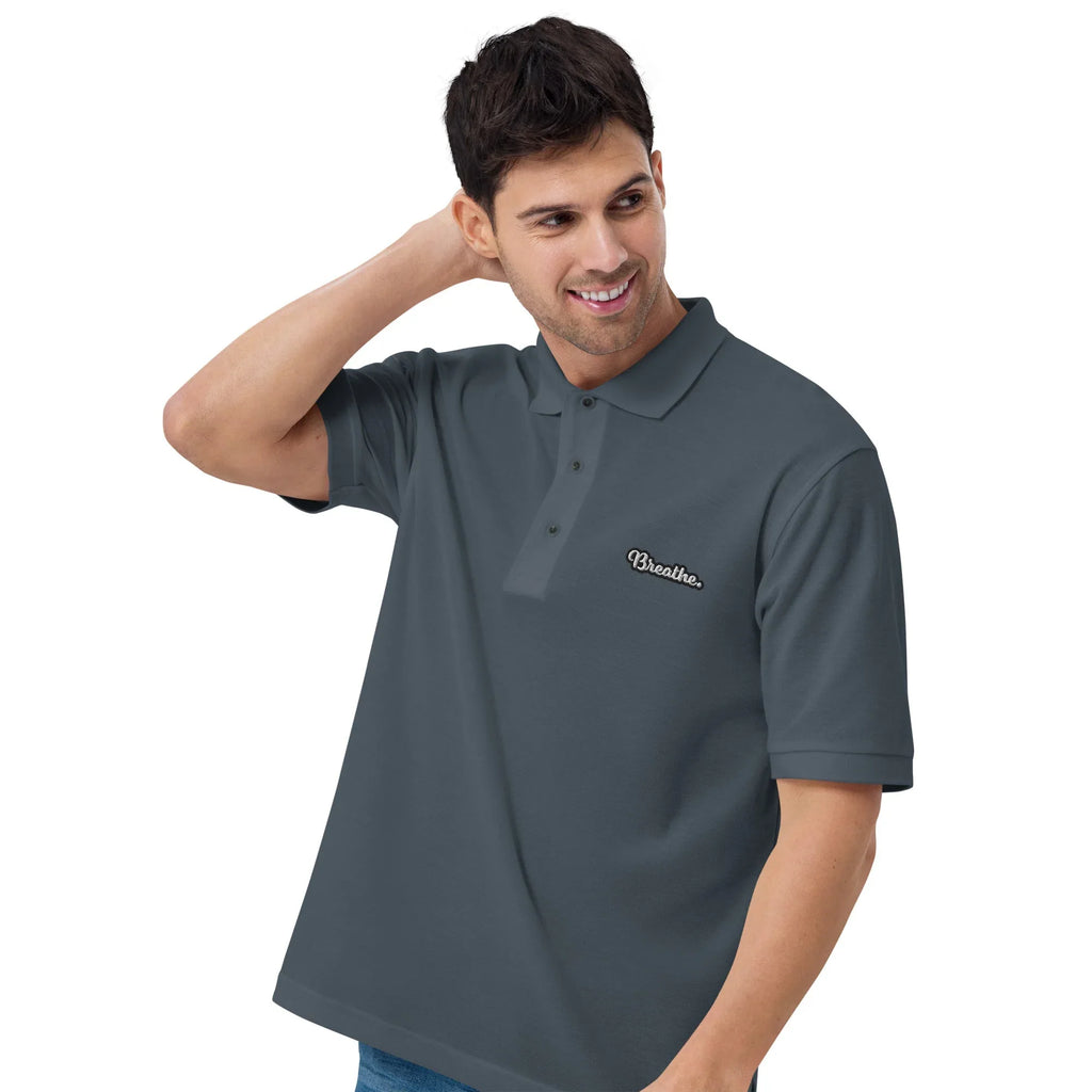 Breathe - Embroidered Men's Premium Polo Shirt t-shirt AwRans Clothing premium-polo-shirt-steel-grey-left-front-666f4f8bebce9
