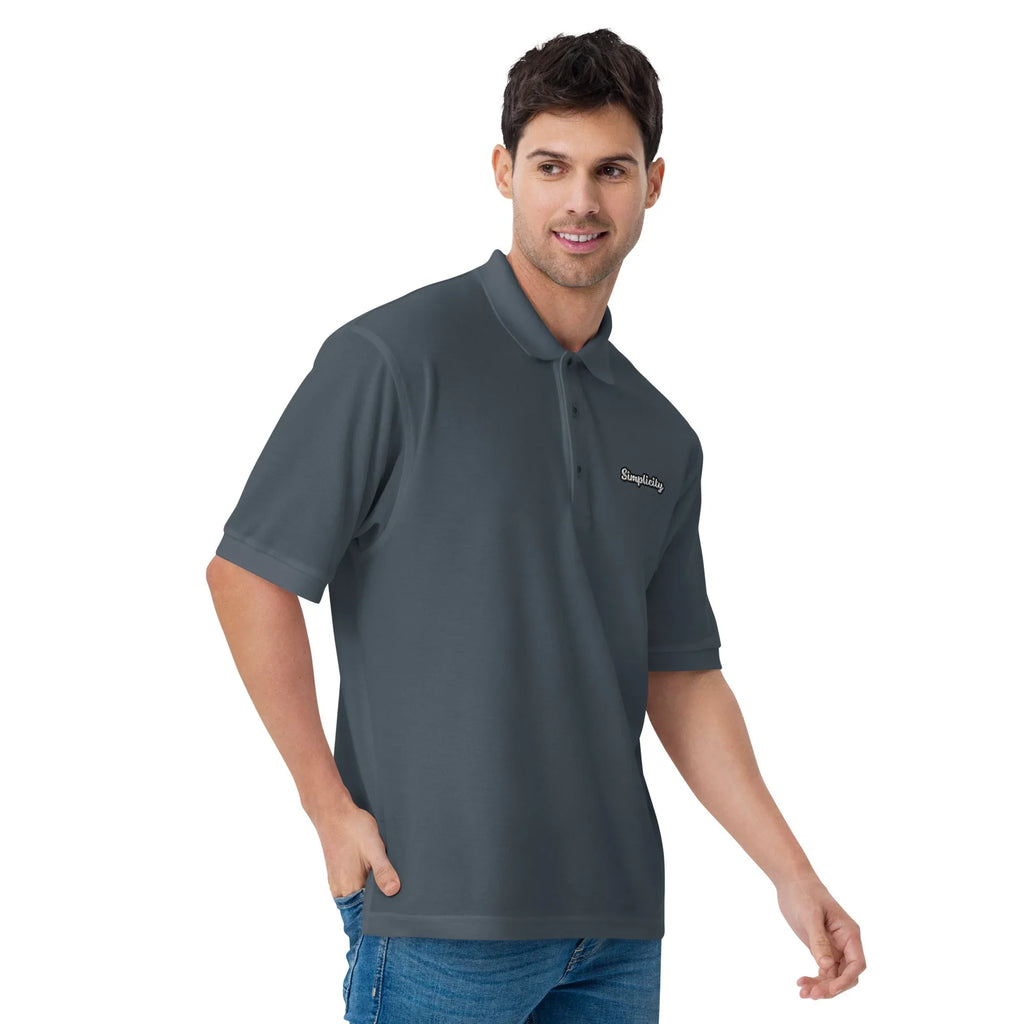 Simplicity - Embroidered Men's Premium Polo Shirt t-shirt AwRans Clothing premium-polo-shirt-steel-grey-right-front-666f4b8e7755e
