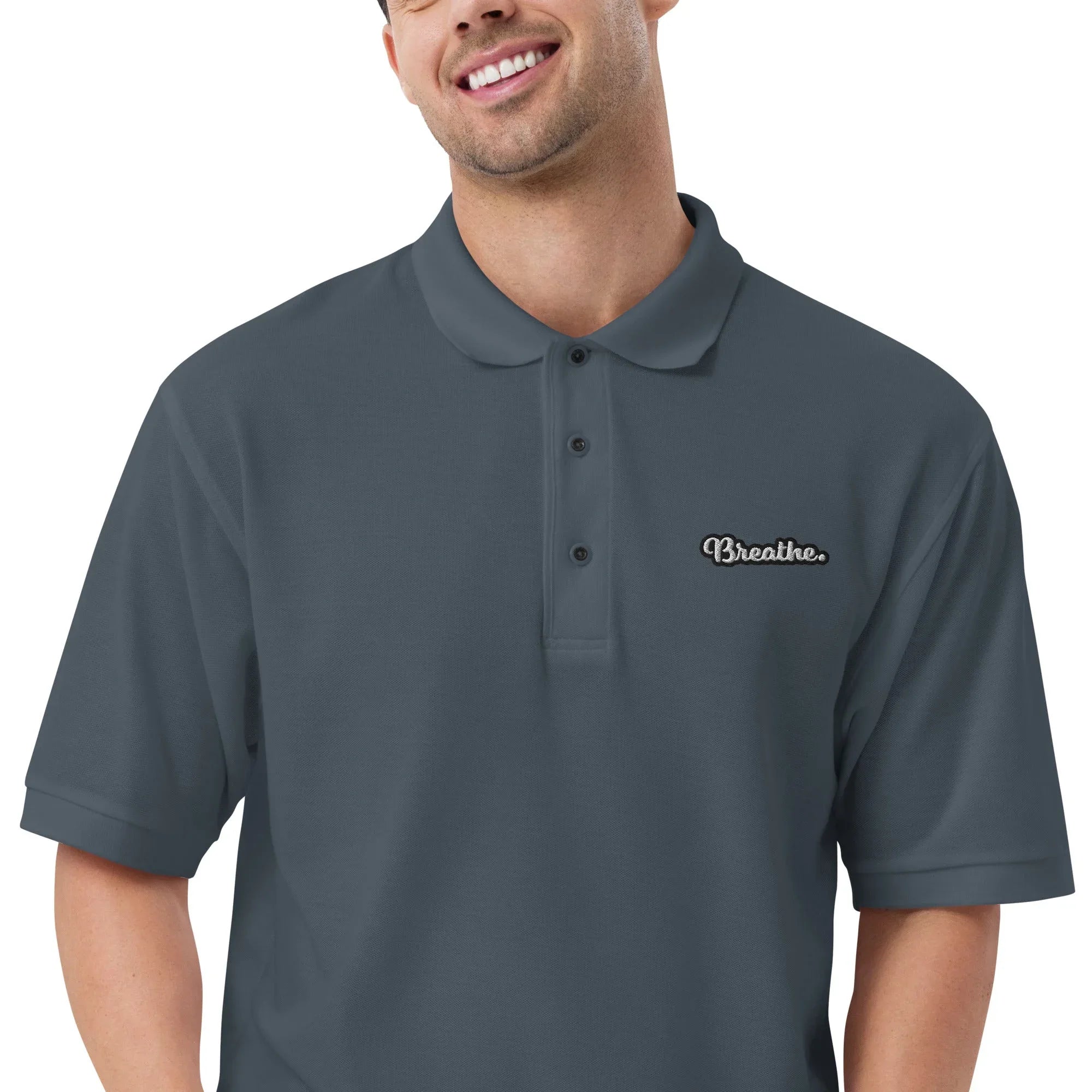 Breathe - Embroidered Men's Premium Polo Shirt t-shirt AwRans Clothing premium-polo-shirt-steel-grey-zoomed-in-666f4f8beb439