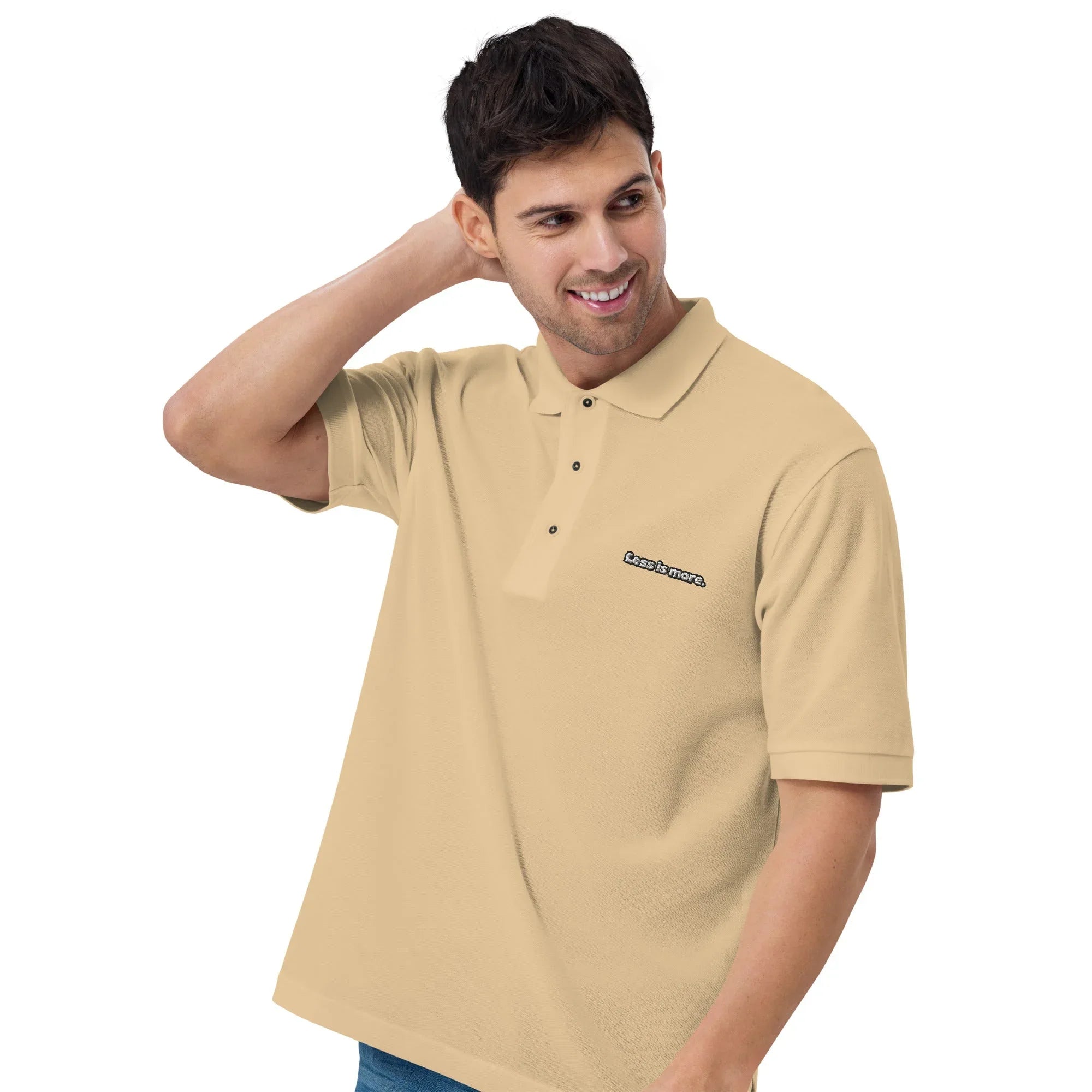 Less Is More - Embroidered Men's Premium Polo Shirt t-shirt AwRans Clothing premium-polo-shirt-stone-left-front-666f4a0724810