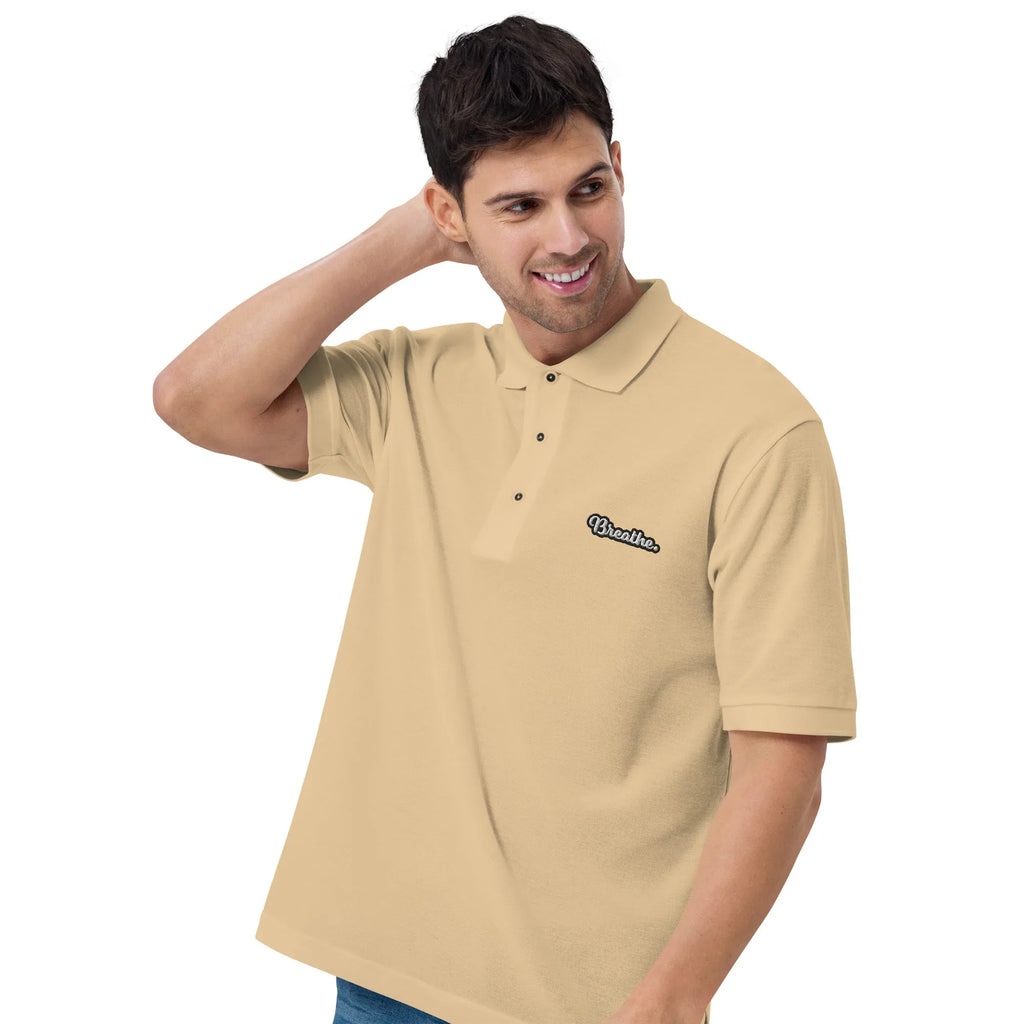 Breathe - Embroidered Men's Premium Polo Shirt t-shirt AwRans Clothing premium-polo-shirt-stone-left-front-666f4f8beefb2