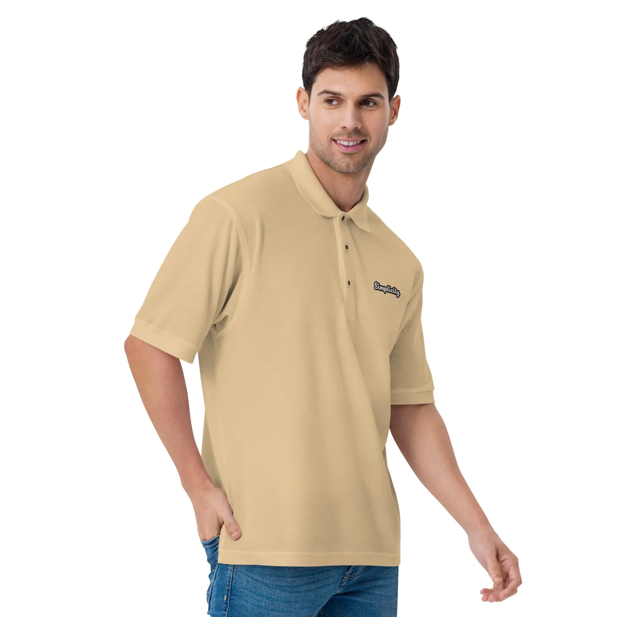 Simplicity - Embroidered Men's Premium Polo Shirt t-shirt AwRans Clothing premium-polo-shirt-stone-right-front-666f4b8e7a944