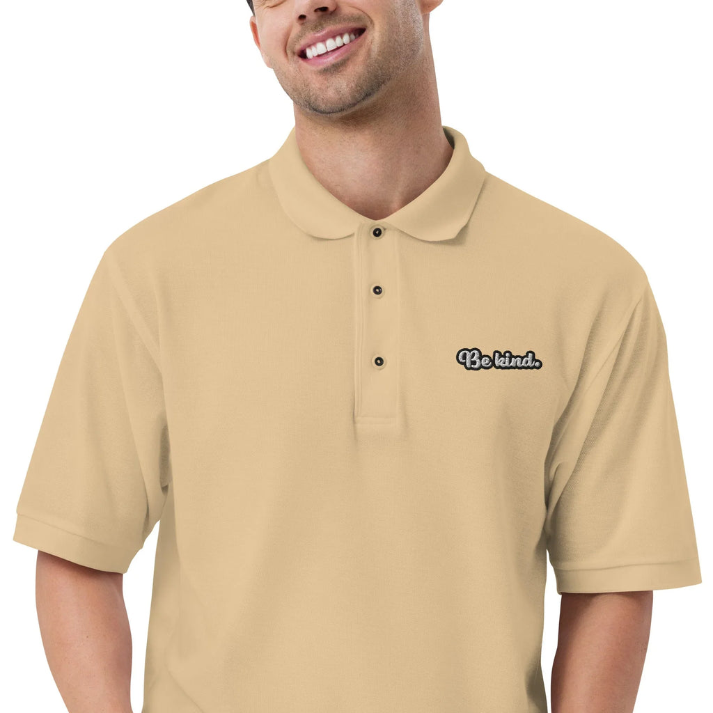 Be Kind - Embroidered Men's Premium Polo Shirt t-shirt AwRans Clothing premium-polo-shirt-stone-zoomed-in-6670364e343e7