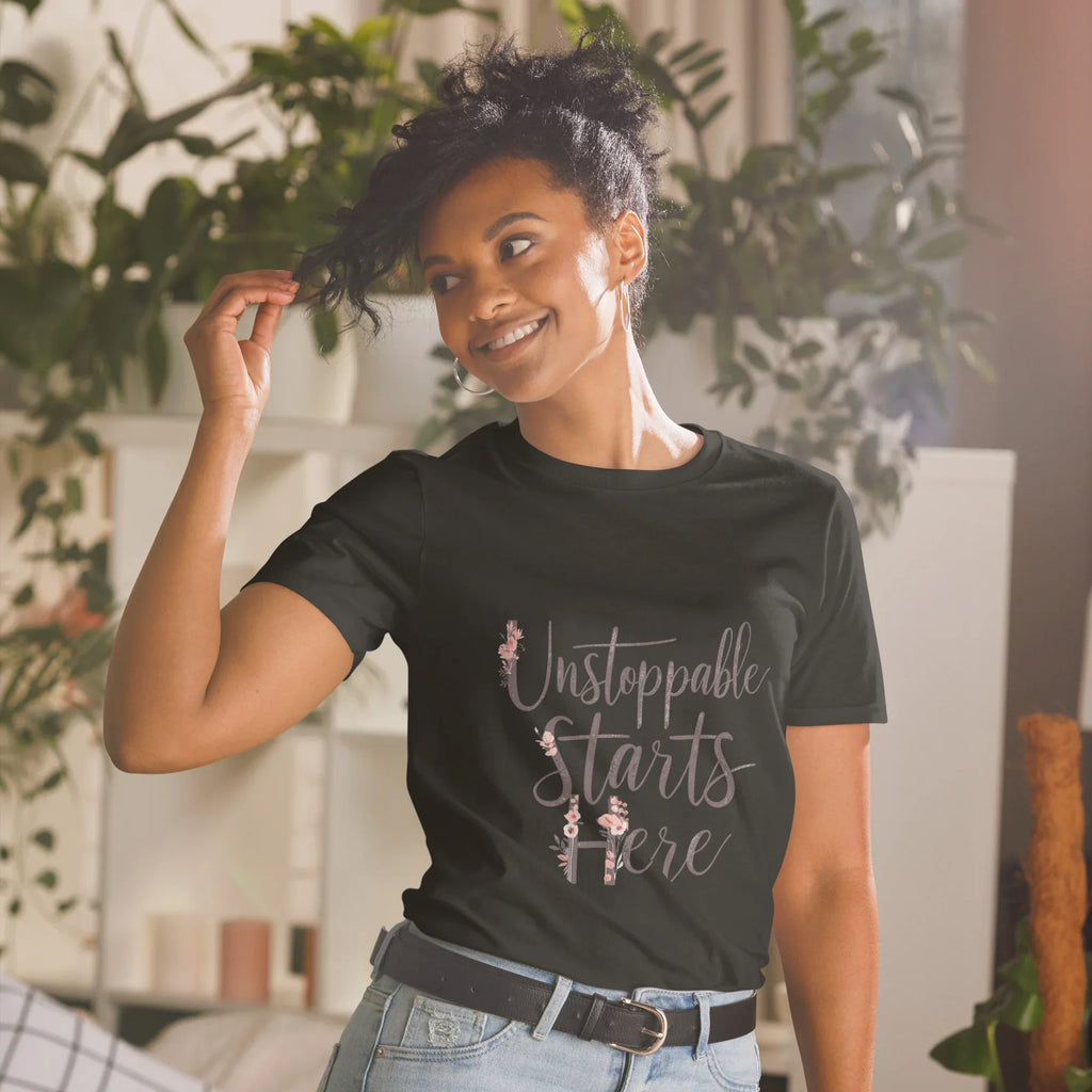 Short-Sleeve Women's T-Shirt | Unstoppablr Starts Here Black T-Shirt AwRans Clothing unisex-basic-softstyle-t-shirt-black-front-67b00c01e165d