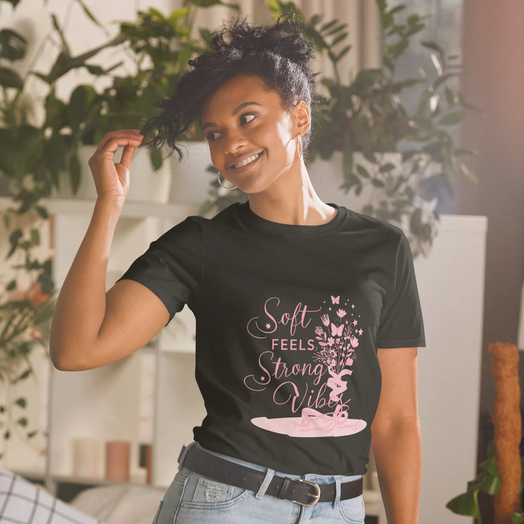 Short-Sleeve Women's T-Shirt | Soft Feels Strong Vibes Black T-Shirt AwRans Clothing unisex-basic-softstyle-t-shirt-black-front-67b051363d6dd
