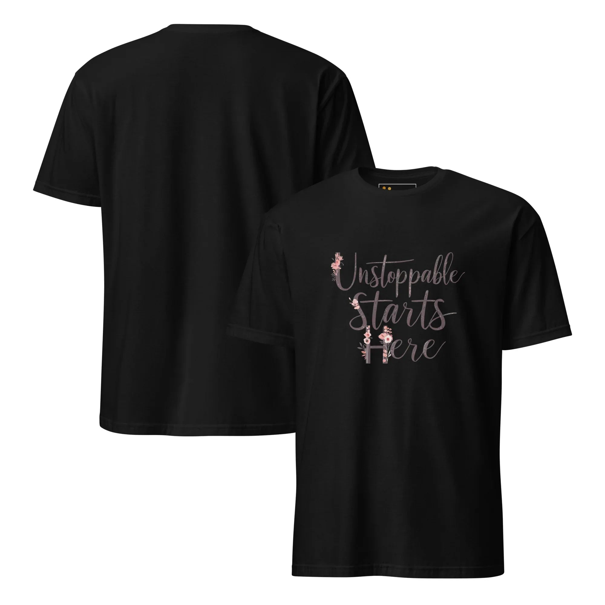 Short-Sleeve Women's T-Shirt | Unstoppablr Starts Here T-Shirt AwRans Clothing unisex-basic-softstyle-t-shirt-black-front-and-back-67b00c0173207