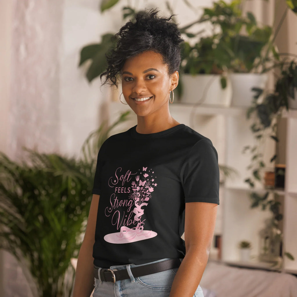 Short-Sleeve Women's T-Shirt | Soft Feels Strong Vibes T-Shirt AwRans Clothing unisex-basic-softstyle-t-shirt-black-left-front-67b05136b608d