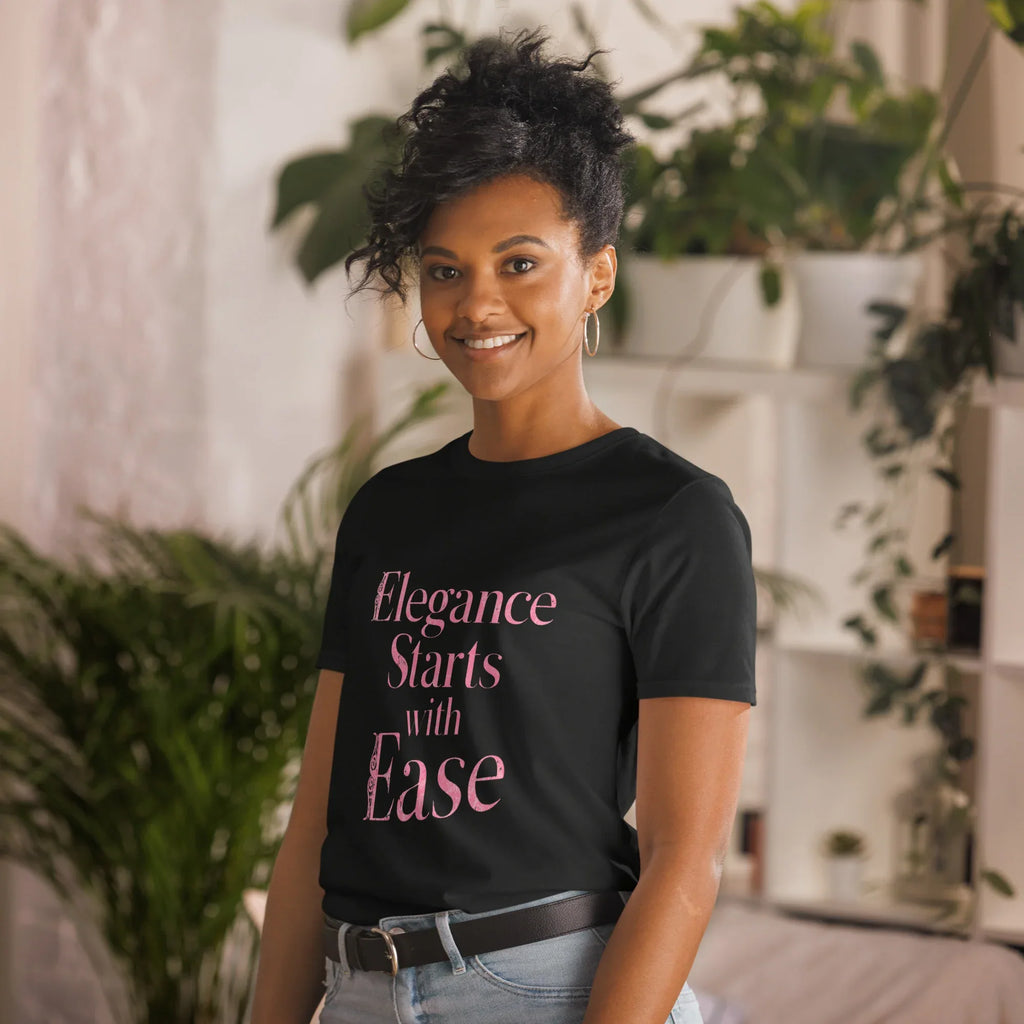 Short-Sleeve Women's T-Shirt | Elegance Starts With Ease T-Shirt AwRans Clothing unisex-basic-softstyle-t-shirt-black-left-front-67b0563c44af8