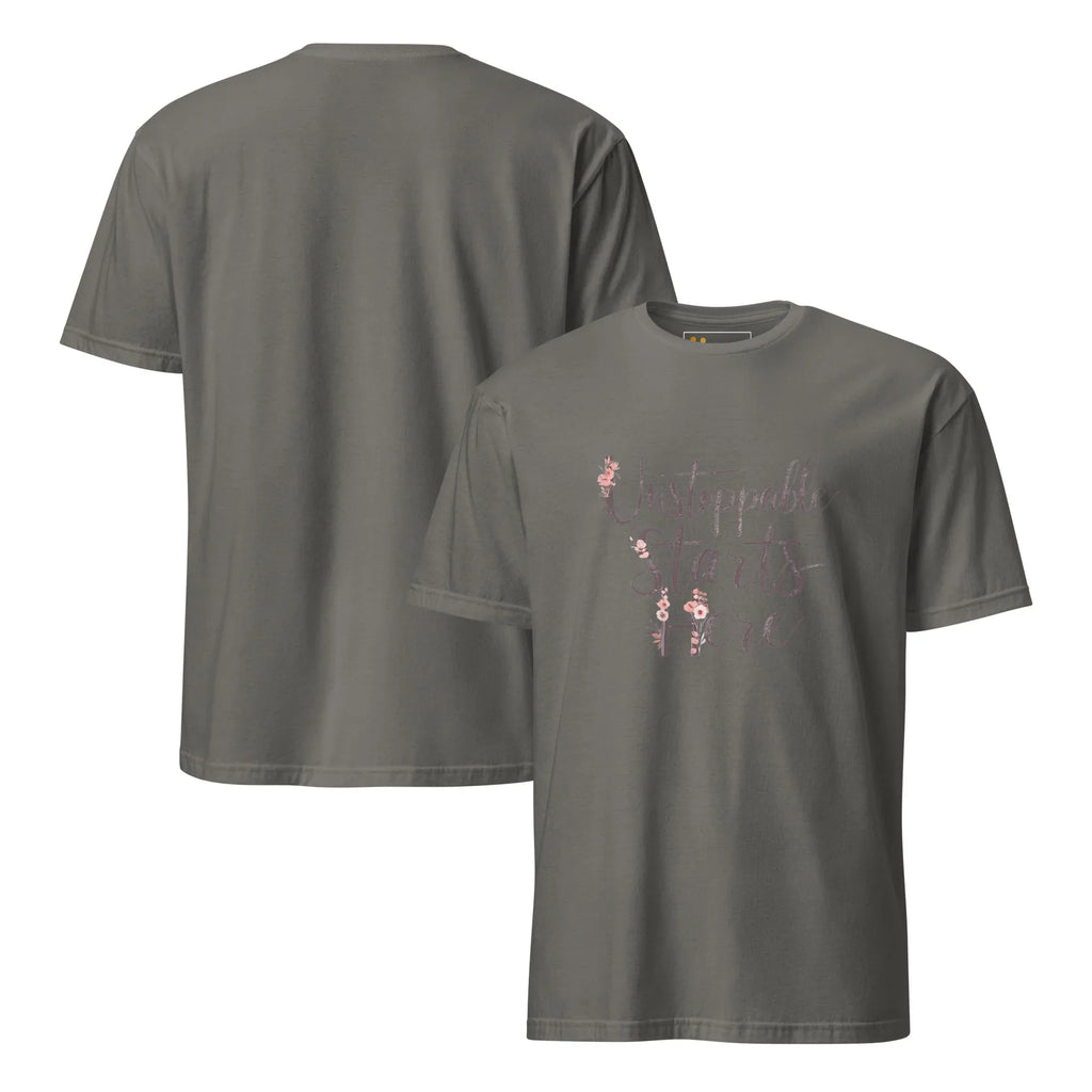 Short-Sleeve Women's T-Shirt | Unstoppablr Starts Here T-Shirt AwRans Clothing unisex-basic-softstyle-t-shirt-charcoal-front-and-back-67b00c019b0a4
