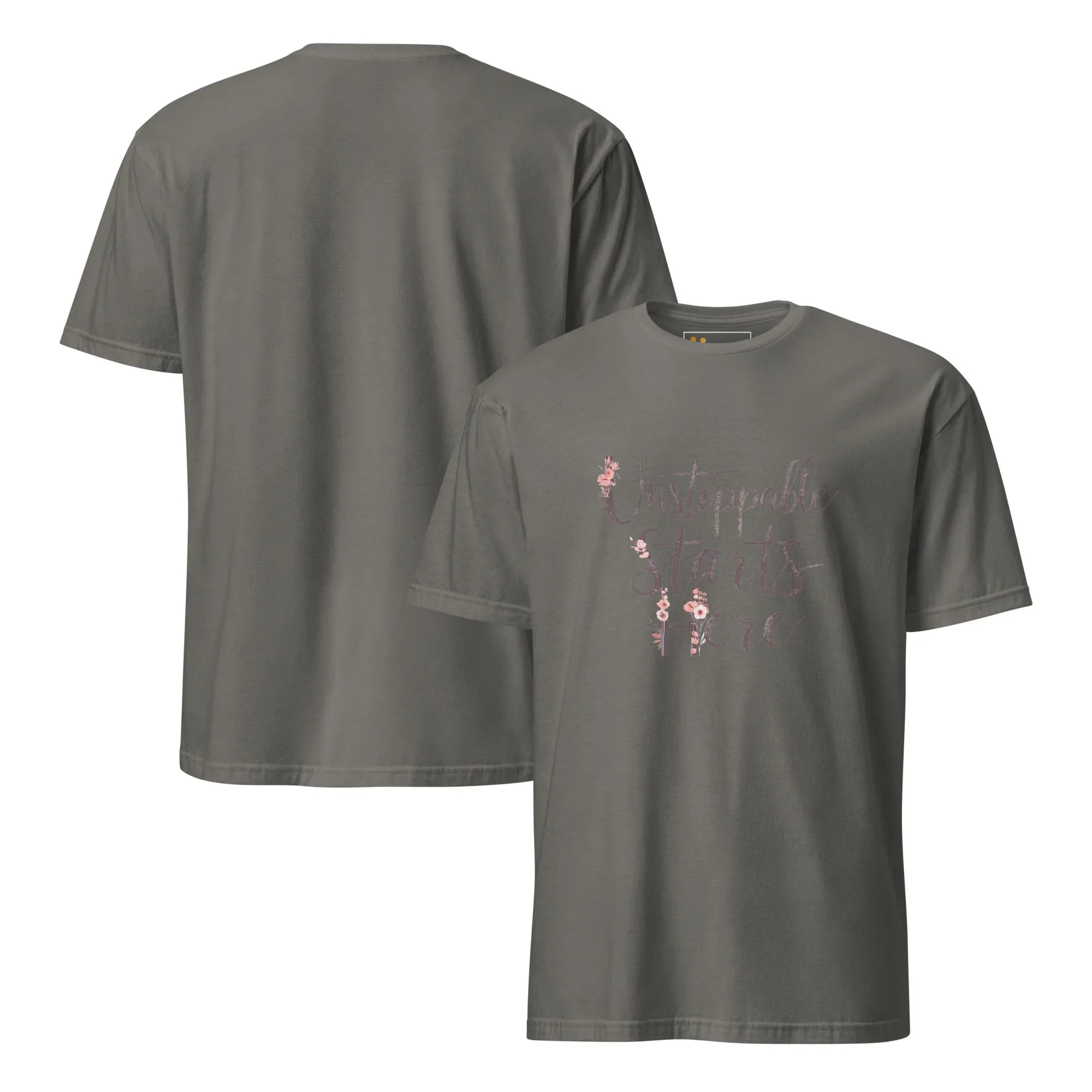 Short-Sleeve Women's T-Shirt | Unstoppablr Starts Here T-Shirt AwRans Clothing unisex-basic-softstyle-t-shirt-charcoal-front-and-back-67b00c019b0a4