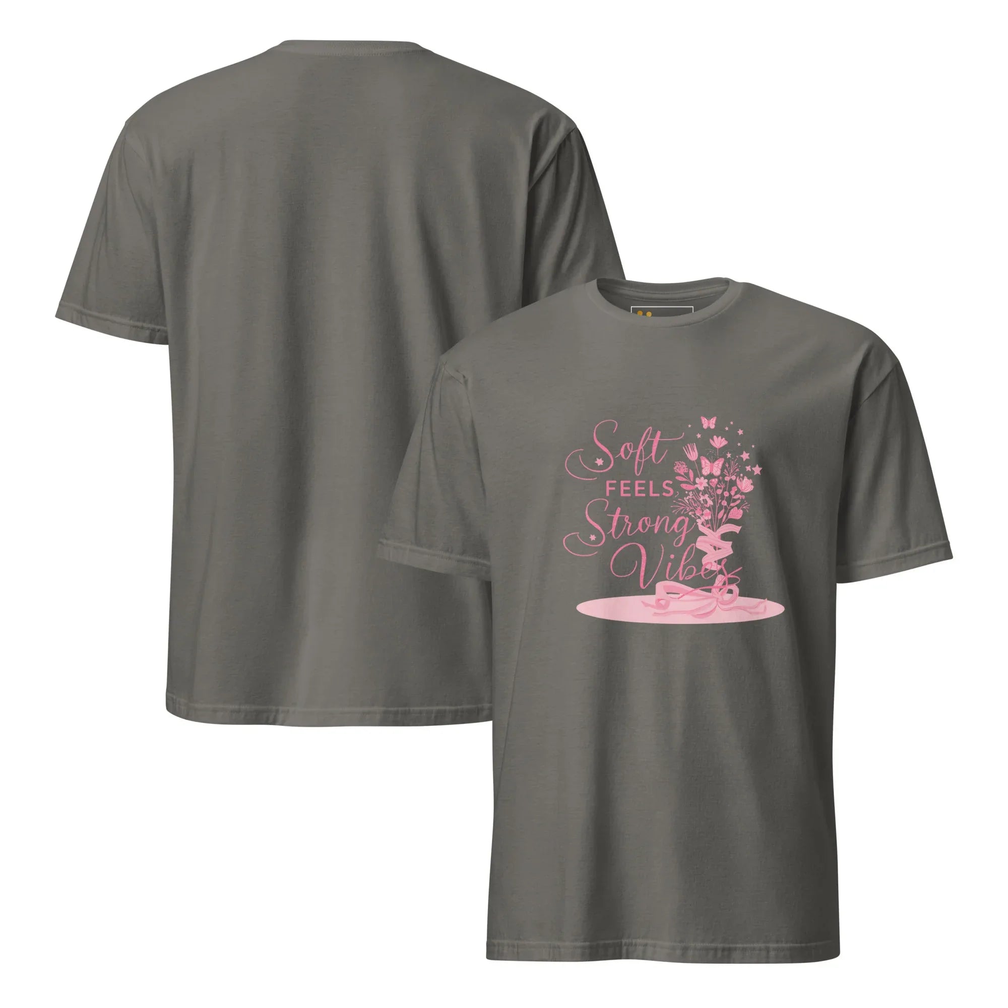Short-Sleeve Women's T-Shirt | Soft Feels Strong Vibes T-Shirt AwRans Clothing unisex-basic-softstyle-t-shirt-charcoal-front-and-back-67b0513670674