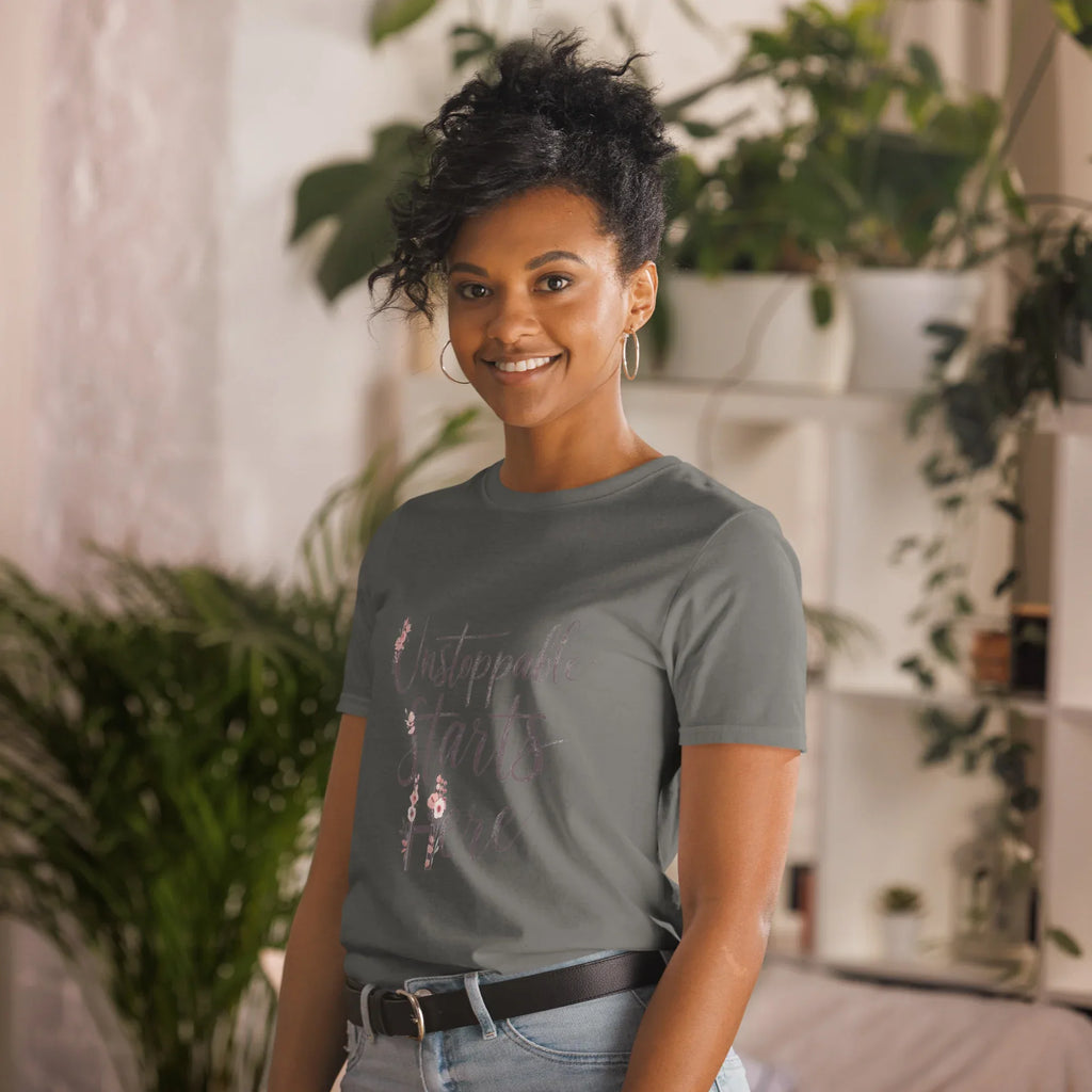 Short-Sleeve Women's T-Shirt | Unstoppablr Starts Here T-Shirt AwRans Clothing unisex-basic-softstyle-t-shirt-charcoal-left-front-67b00c023fc53