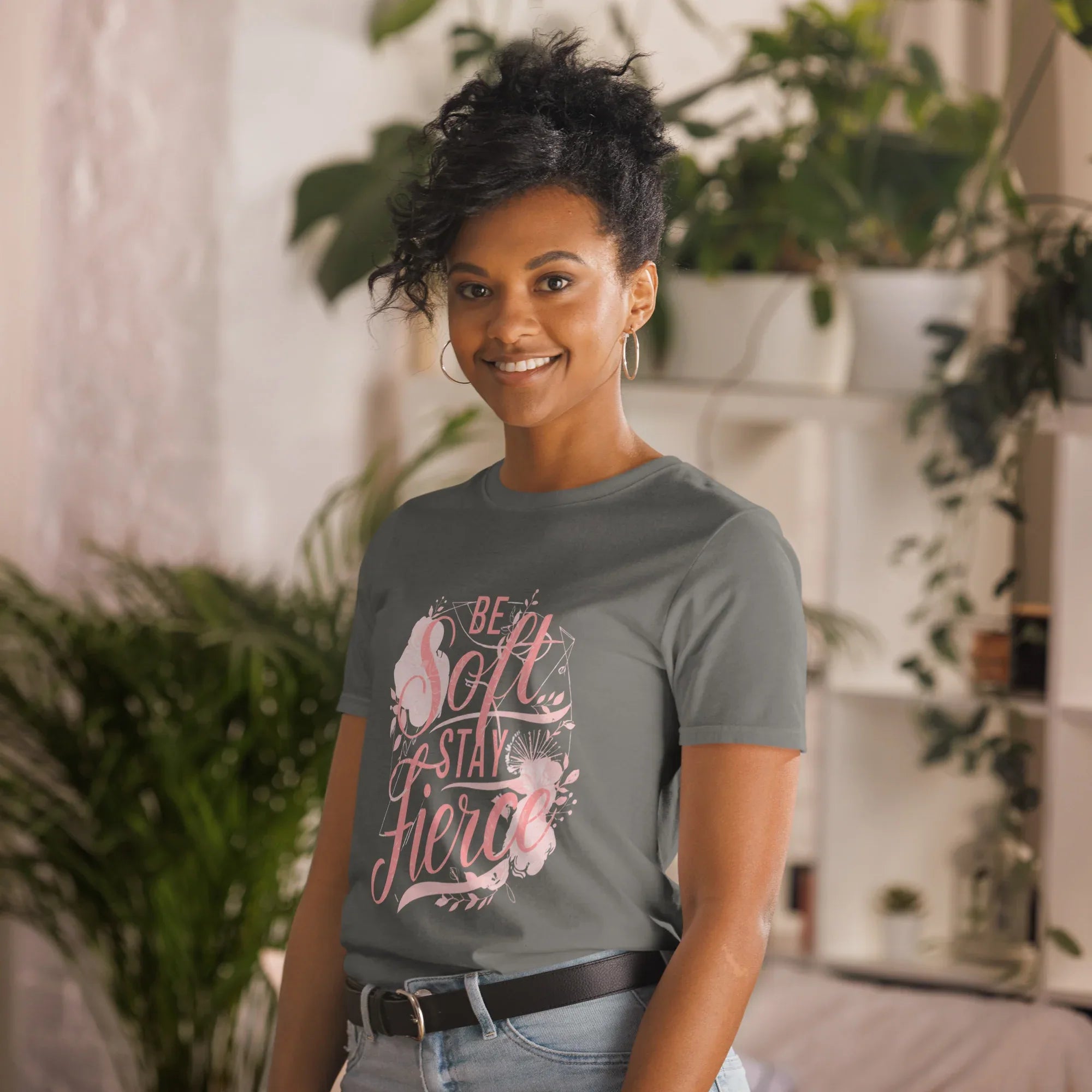 Short-Sleeve Women's T-Shirt | Be Soft Stay Fierce T-Shirt AwRans Clothing unisex-basic-softstyle-t-shirt-charcoal-left-front-67b059d78f9a5