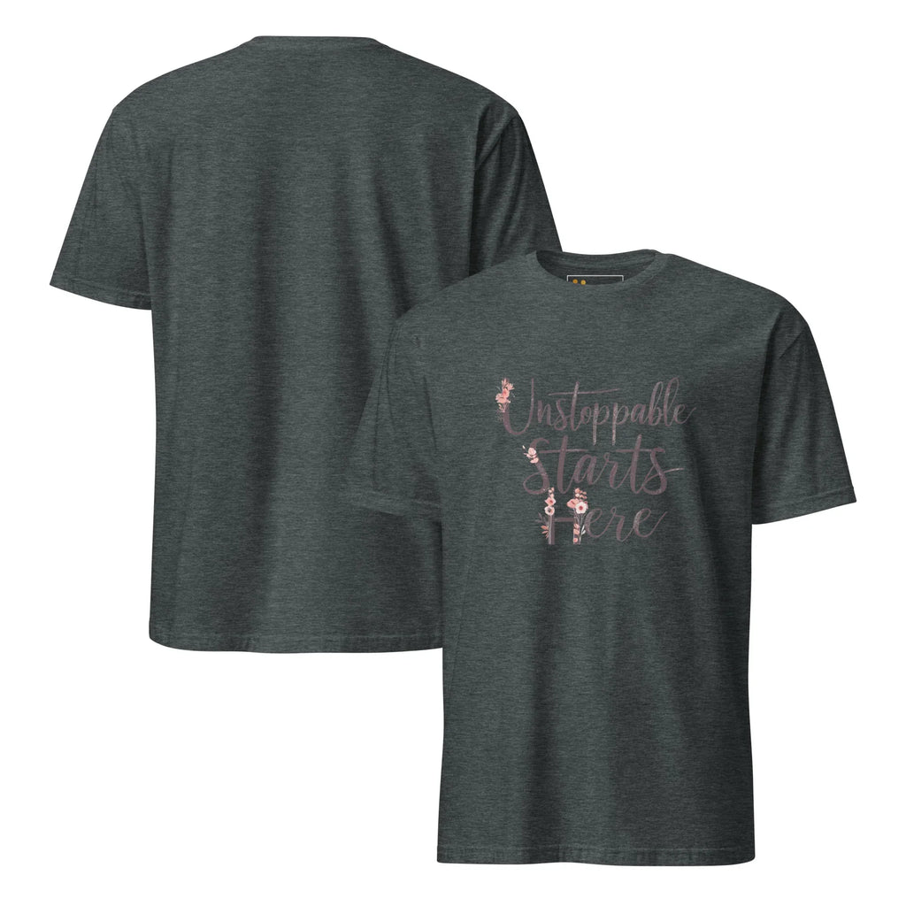 Short-Sleeve Women's T-Shirt | Unstoppablr Starts Here T-Shirt AwRans Clothing unisex-basic-softstyle-t-shirt-dark-heather-front-and-back-67b00c0179302