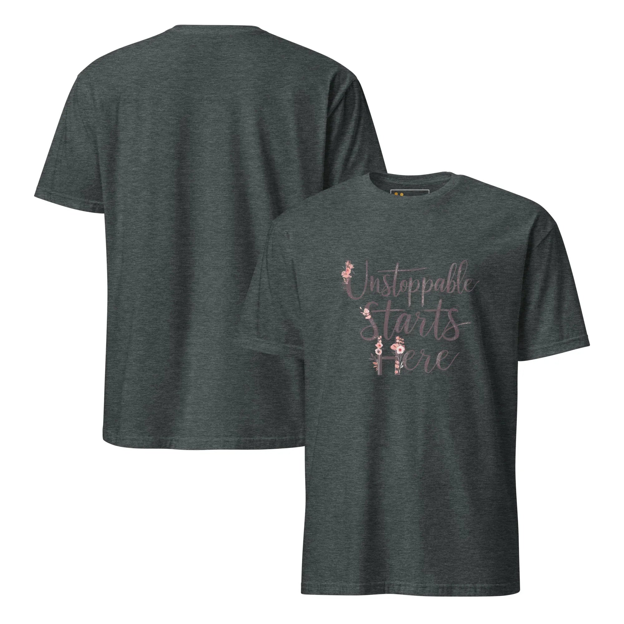 Short-Sleeve Women's T-Shirt | Unstoppablr Starts Here T-Shirt AwRans Clothing unisex-basic-softstyle-t-shirt-dark-heather-front-and-back-67b00c0179302