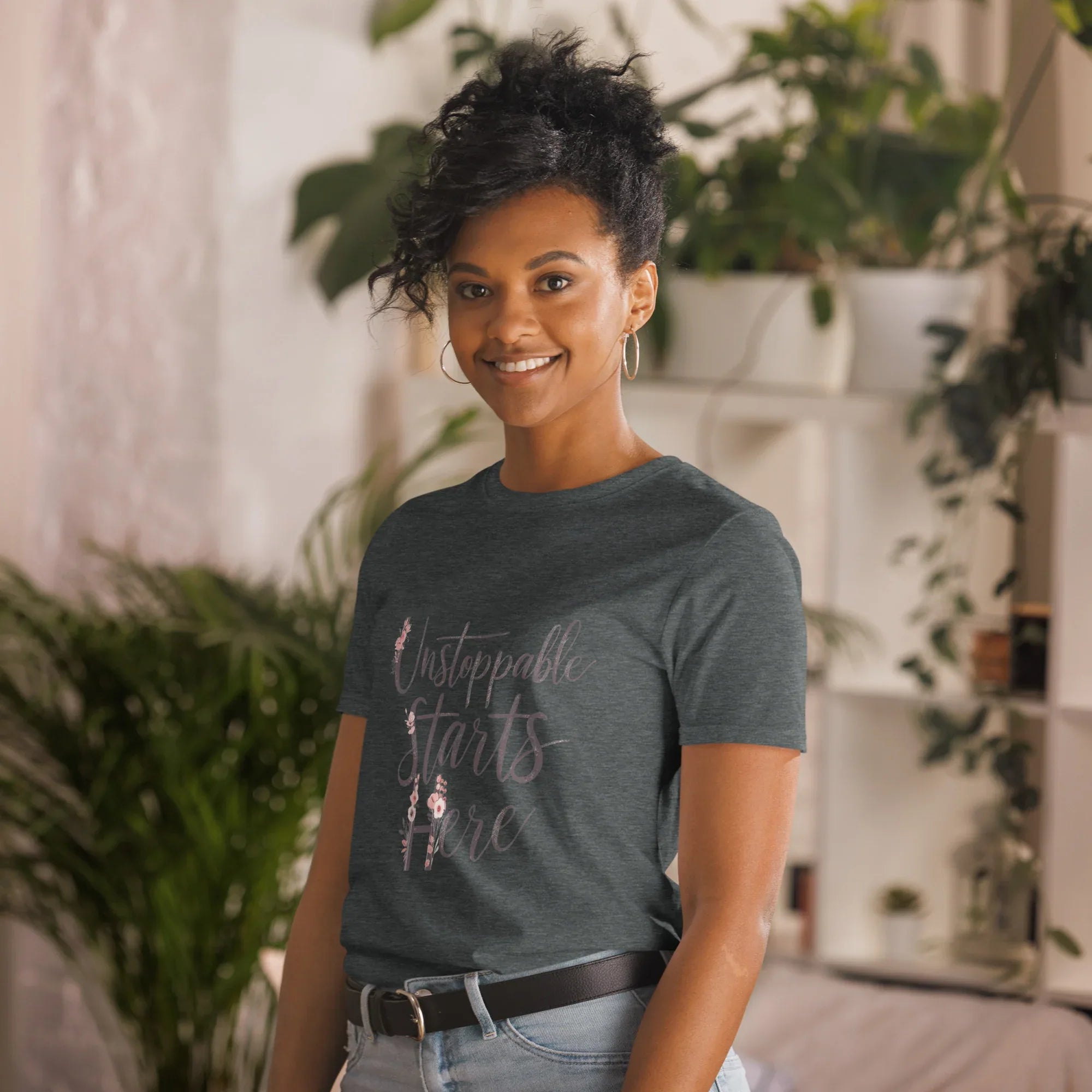 Short-Sleeve Women's T-Shirt | Unstoppablr Starts Here T-Shirt AwRans Clothing unisex-basic-softstyle-t-shirt-dark-heather-left-front-67b00c01ee71f