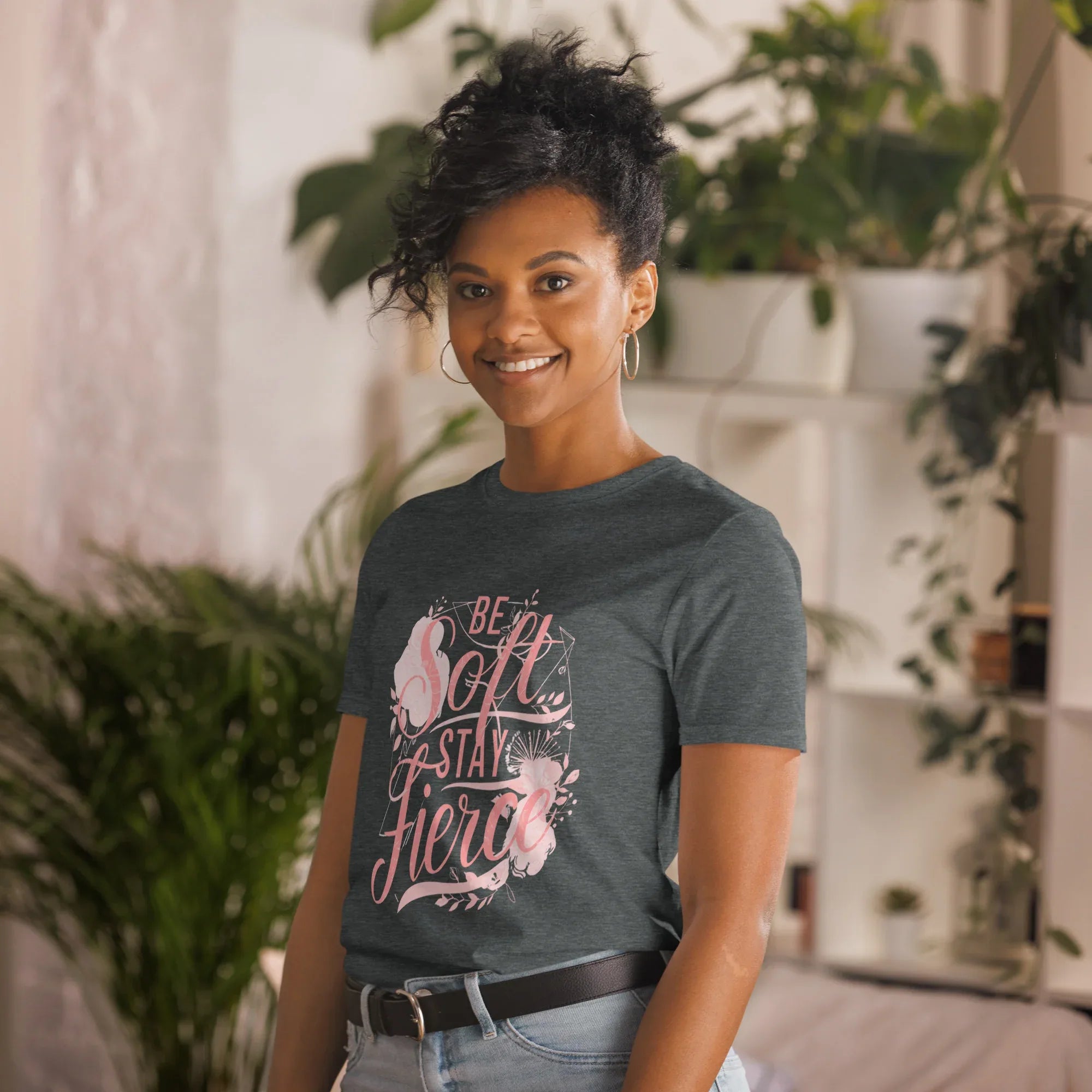 Short-Sleeve Women's T-Shirt | Be Soft Stay Fierce T-Shirt AwRans Clothing unisex-basic-softstyle-t-shirt-dark-heather-left-front-67b059d737242
