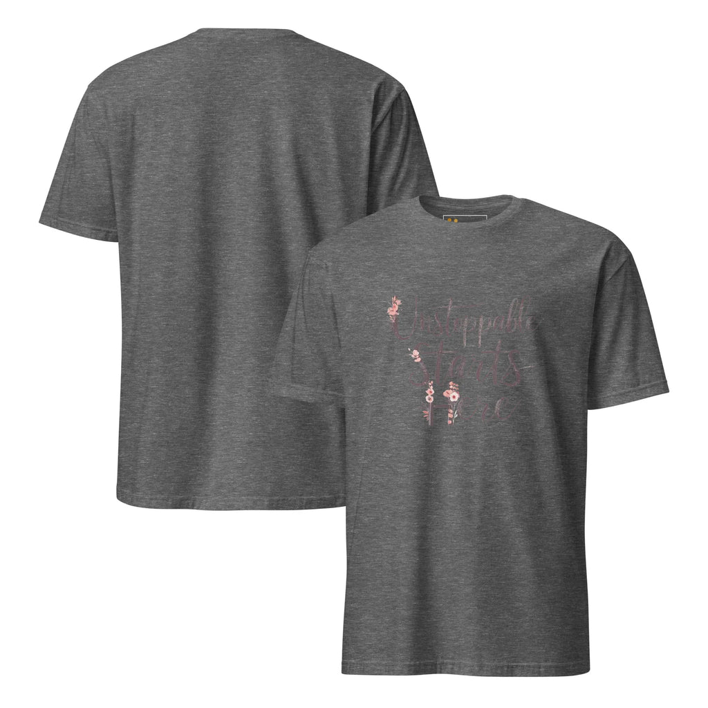 Short-Sleeve Women's T-Shirt | Unstoppablr Starts Here T-Shirt AwRans Clothing unisex-basic-softstyle-t-shirt-graphite-heather-front-and-back-67b00c018c64a