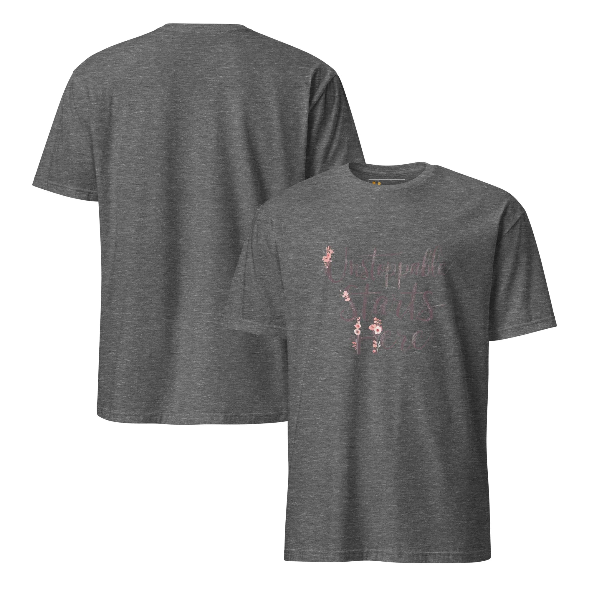 Short-Sleeve Women's T-Shirt | Unstoppablr Starts Here T-Shirt AwRans Clothing unisex-basic-softstyle-t-shirt-graphite-heather-front-and-back-67b00c018c64a