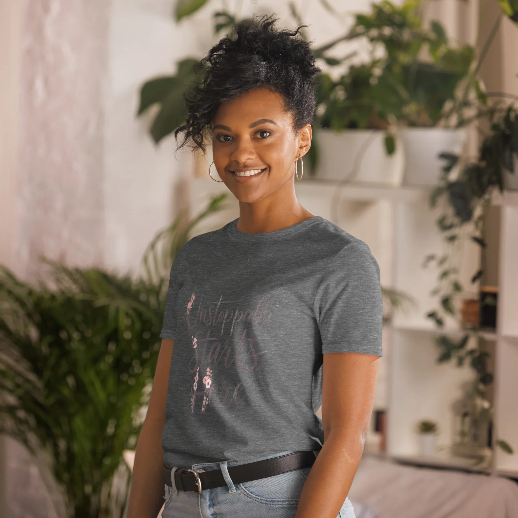 Short-Sleeve Women's T-Shirt | Unstoppablr Starts Here T-Shirt AwRans Clothing unisex-basic-softstyle-t-shirt-graphite-heather-left-front-67b00c0220d5f