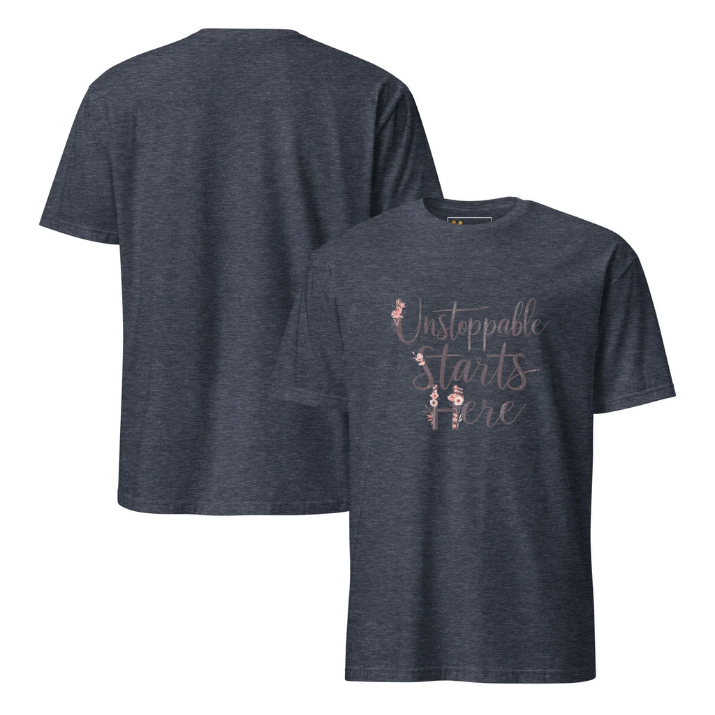 Short-Sleeve Women's T-Shirt | Unstoppablr Starts Here T-Shirt AwRans Clothing unisex-basic-softstyle-t-shirt-heather-navy-front-and-back-67b00c017cdfa
