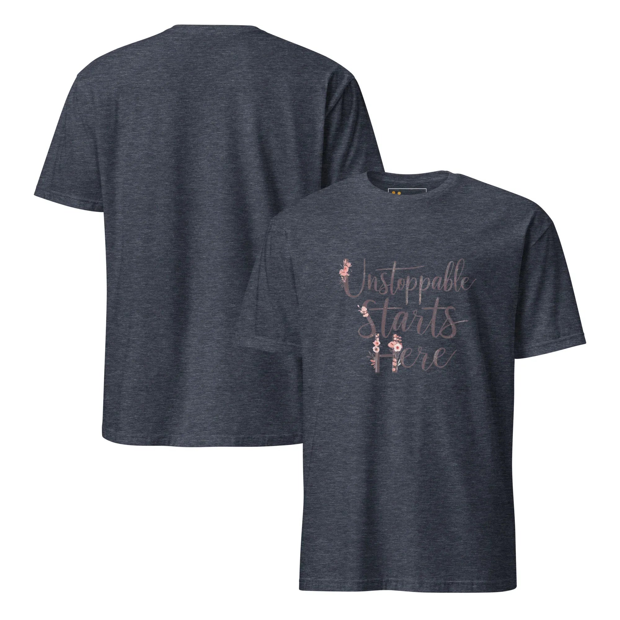 Short-Sleeve Women's T-Shirt | Unstoppablr Starts Here T-Shirt AwRans Clothing unisex-basic-softstyle-t-shirt-heather-navy-front-and-back-67b00c017cdfa
