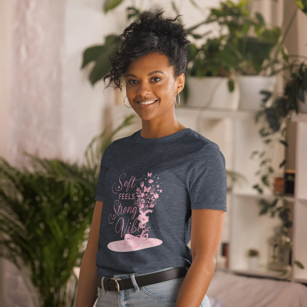 Short-Sleeve Women's T-Shirt | Soft Feels Strong Vibes T-Shirt AwRans Clothing unisex-basic-softstyle-t-shirt-heather-navy-left-front-67b05136cc8c7
