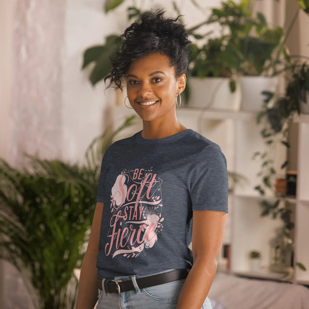 Short-Sleeve Women's T-Shirt | Be Soft Stay Fierce T-Shirt AwRans Clothing unisex-basic-softstyle-t-shirt-heather-navy-left-front-67b059d742fe9