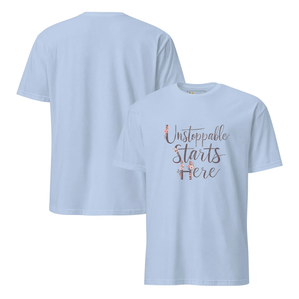 Short-Sleeve Women's T-Shirt | Unstoppablr Starts Here T-Shirt AwRans Clothing unisex-basic-softstyle-t-shirt-light-blue-front-and-back-67b00c01acfe7